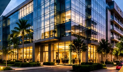 Modern office building at dusk