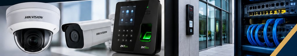 CCTV cameras, biometric access terminal, door access reader and network rack